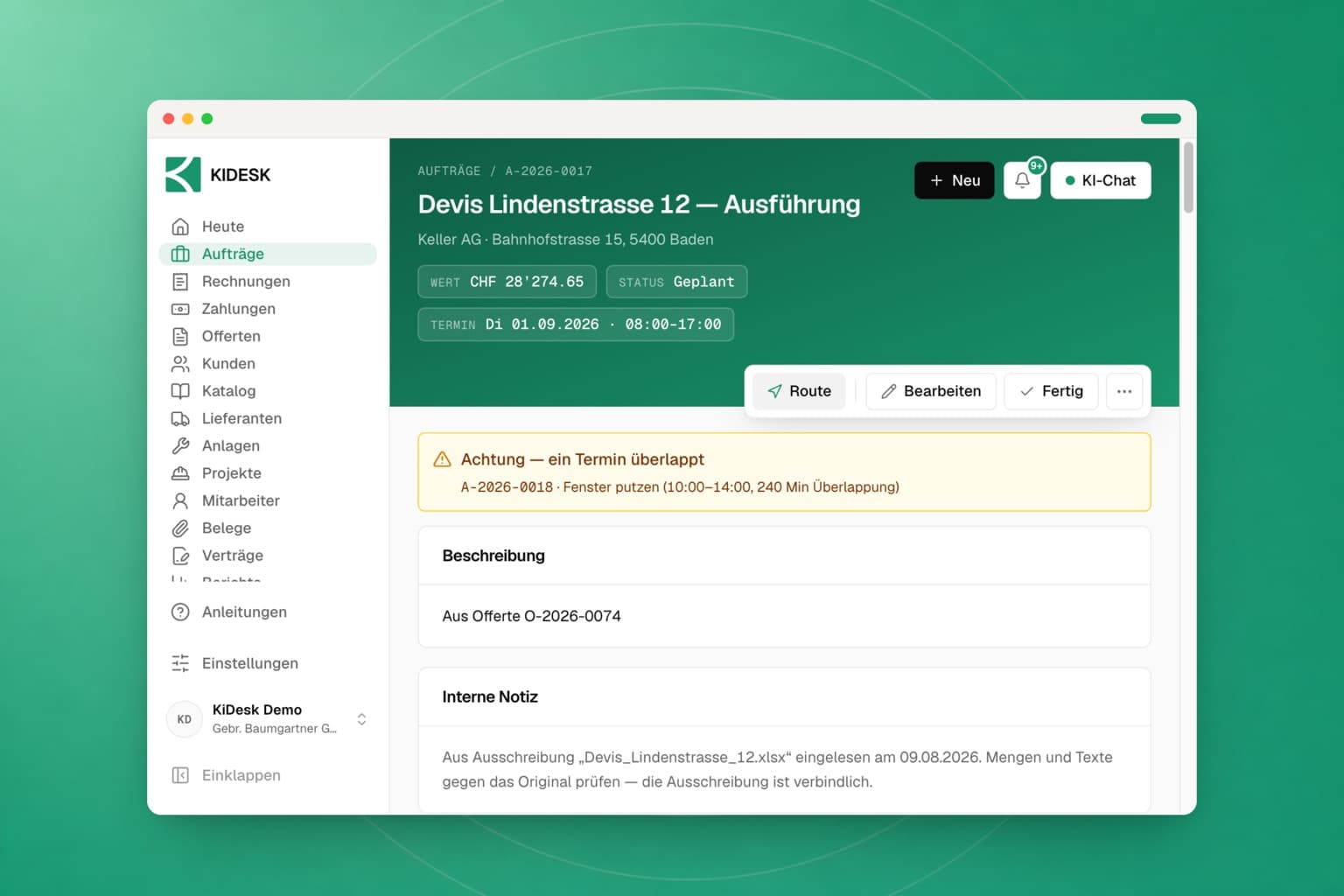 Der Auftrag mit dem Knopf «Rechnung erstellen» und der Vorschau der übernommenen Stunden und Materialpositionen