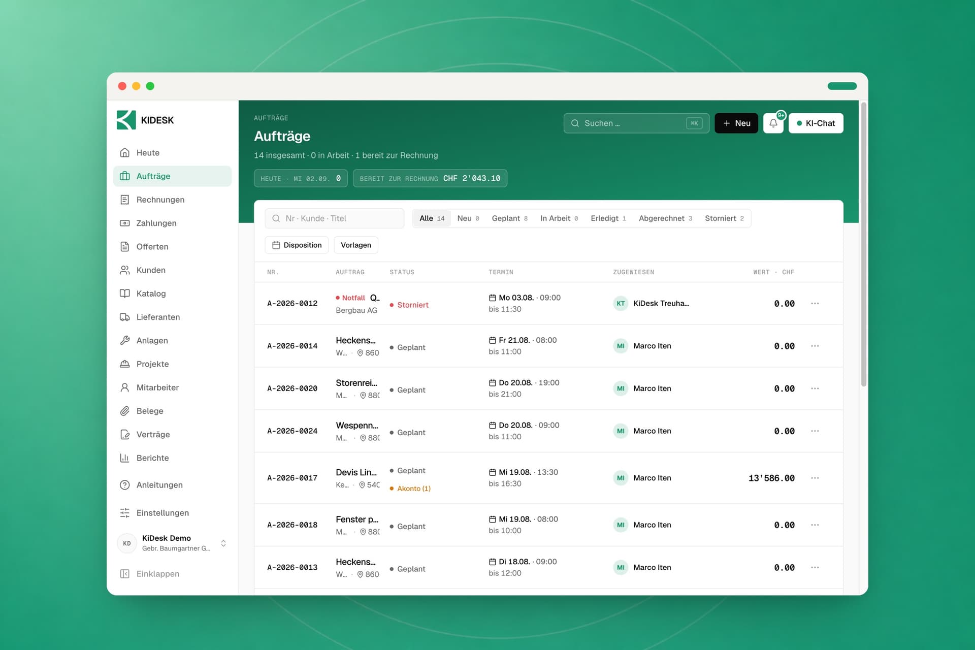 Die Auftragsliste in KIDESK mit Kunde, Termin, zugewiesenen Mitarbeitenden und Status je Zeile, terminierte Aufträge zuoberst