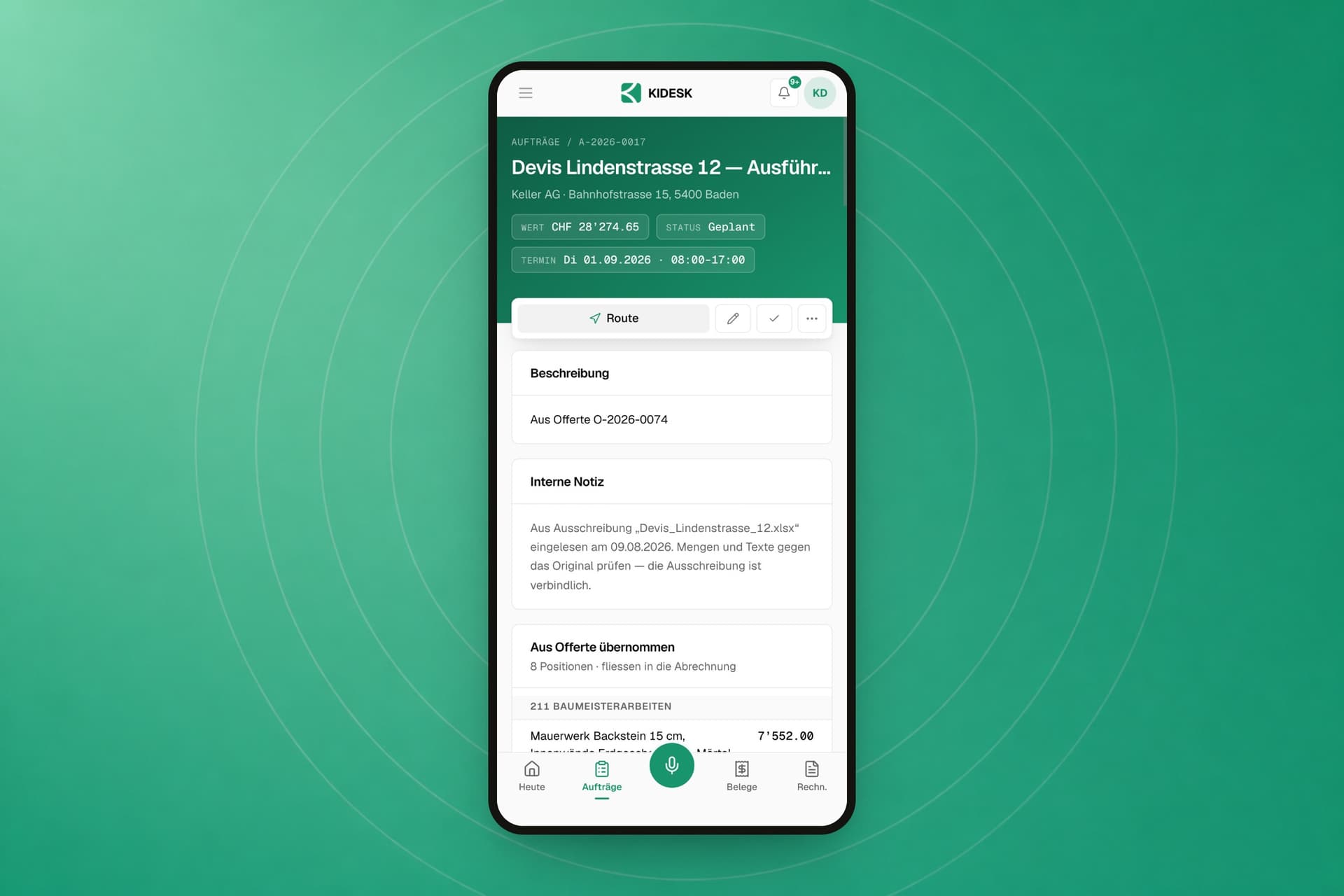 Ein Auftrag auf dem Handy mit Termin, Positionen und der Leiste zum Erfassen