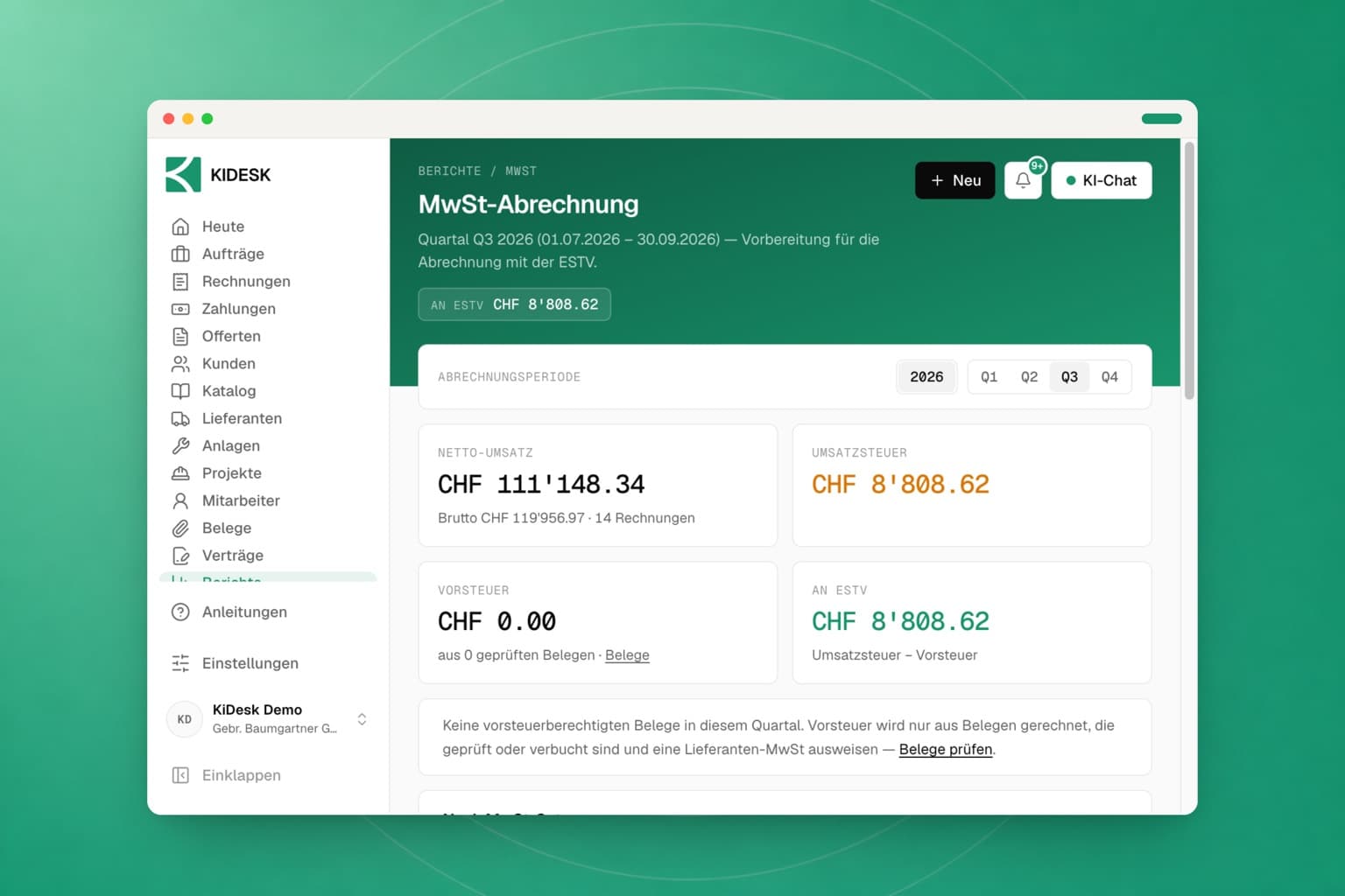 Der MwSt-Bericht eines Quartals mit Umsatz je Steuersatz, Gutschriften und der Summe der geschuldeten Steuer