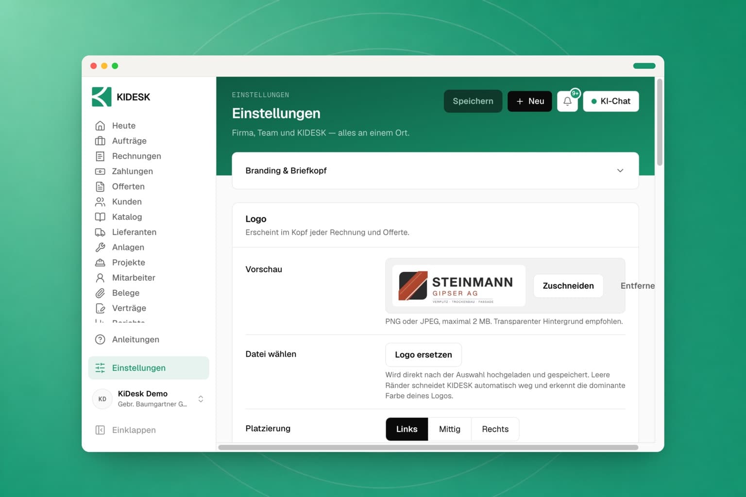 Die Branding-Einstellungen mit hochgeladenem Logo, erkannter Farbe und der Vorschau des Briefkopfs