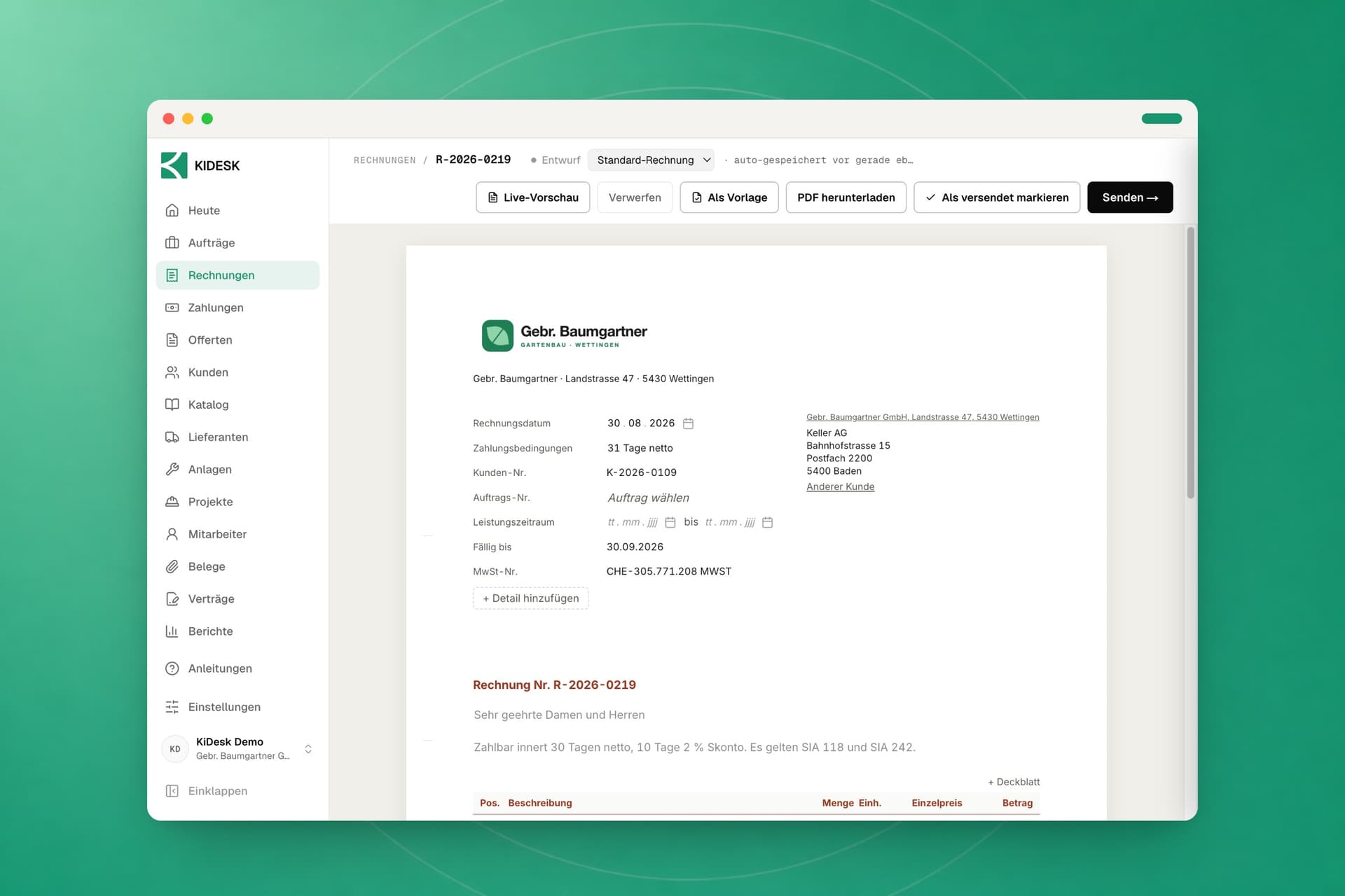 Der Dokumenteditor in KIDESK mit den Positionen links und der echten PDF-Vorschau samt QR-Einzahlungsschein rechts