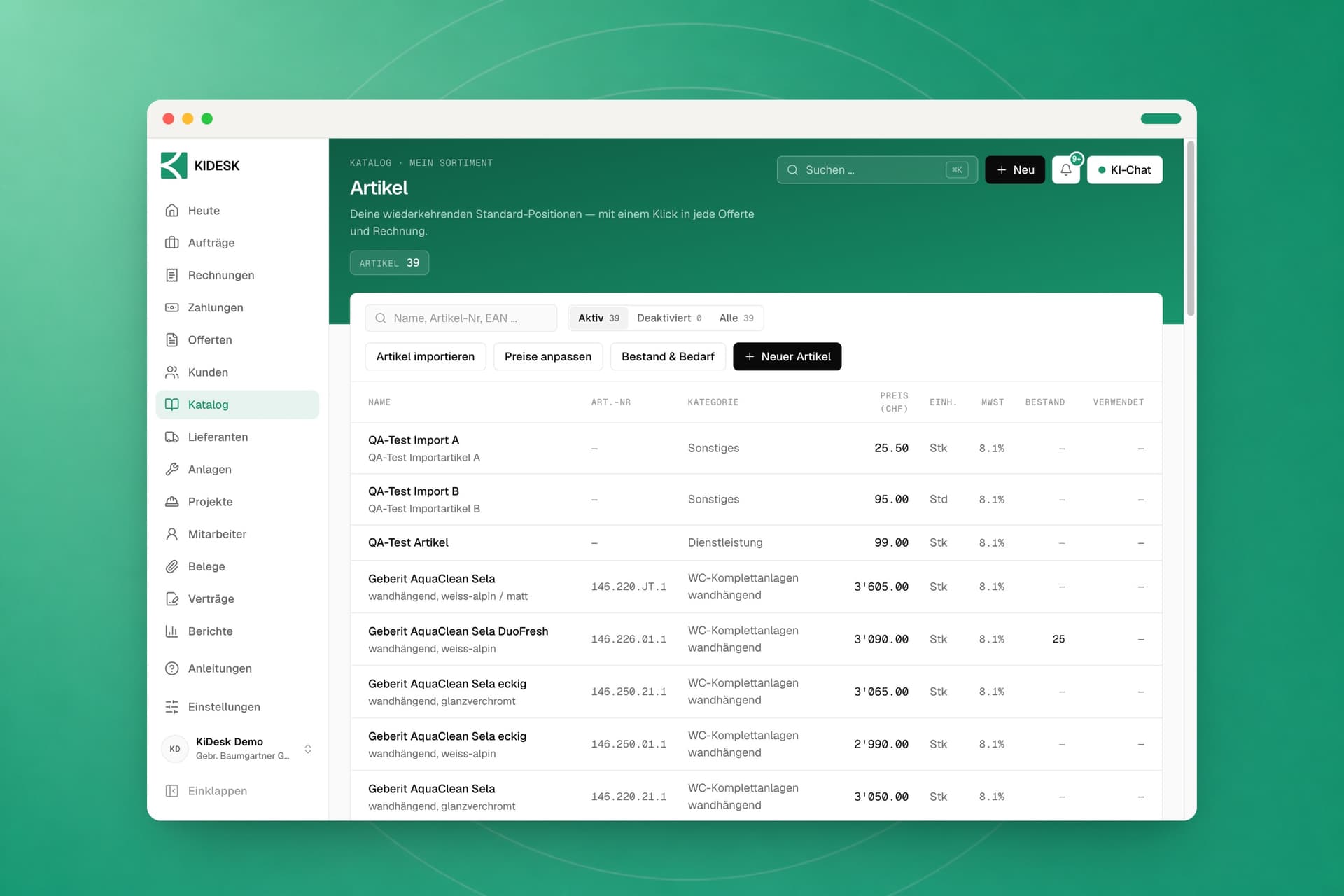 Die Artikelliste in KIDESK mit Bezeichnung, Einheit, Verkaufspreis, MwSt-Satz und Lagerbestand