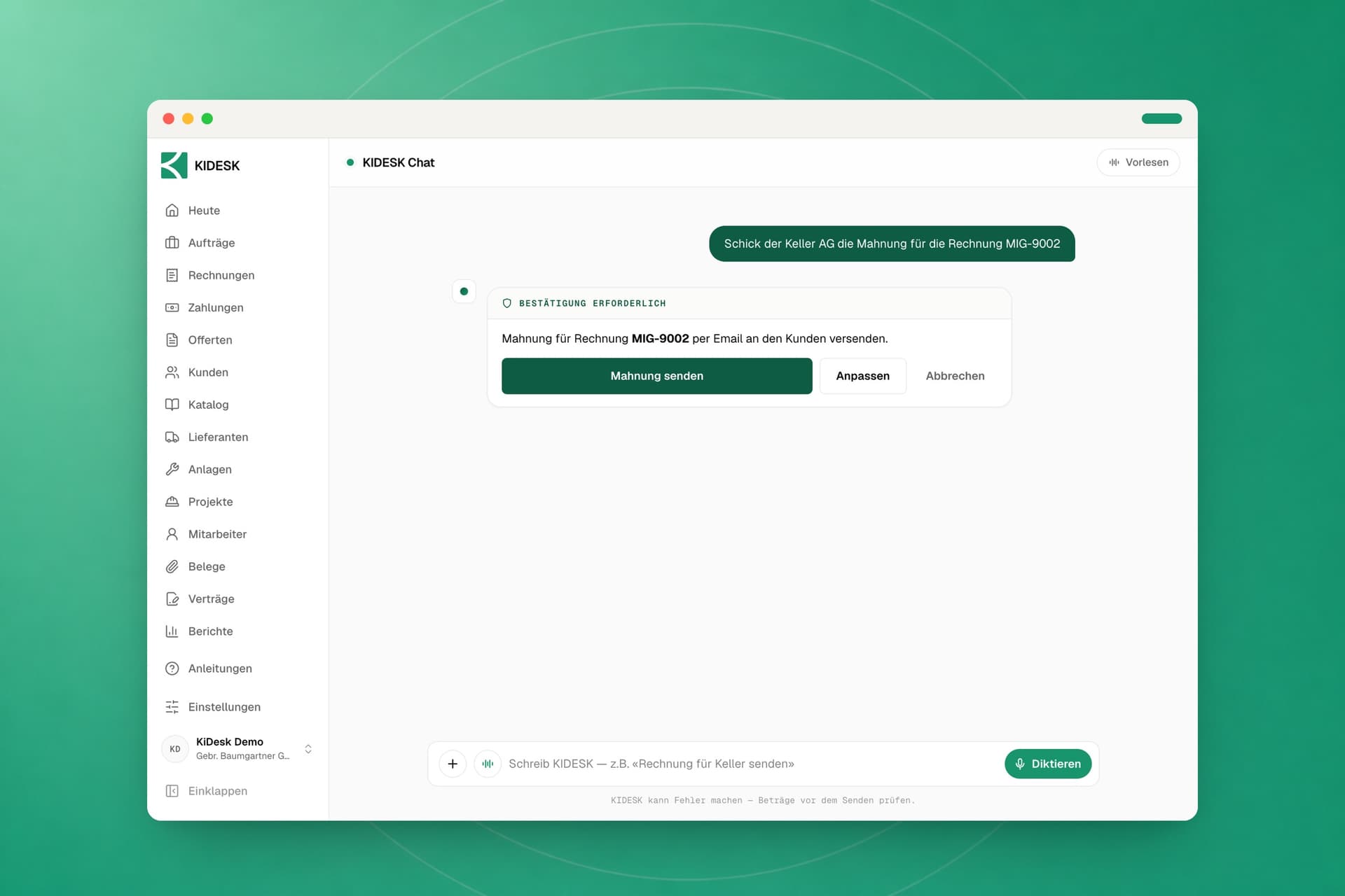 Der Chat in KIDESK mit einer Anweisung des Inhabers und der Freigabekarte für die fertige Mahnung