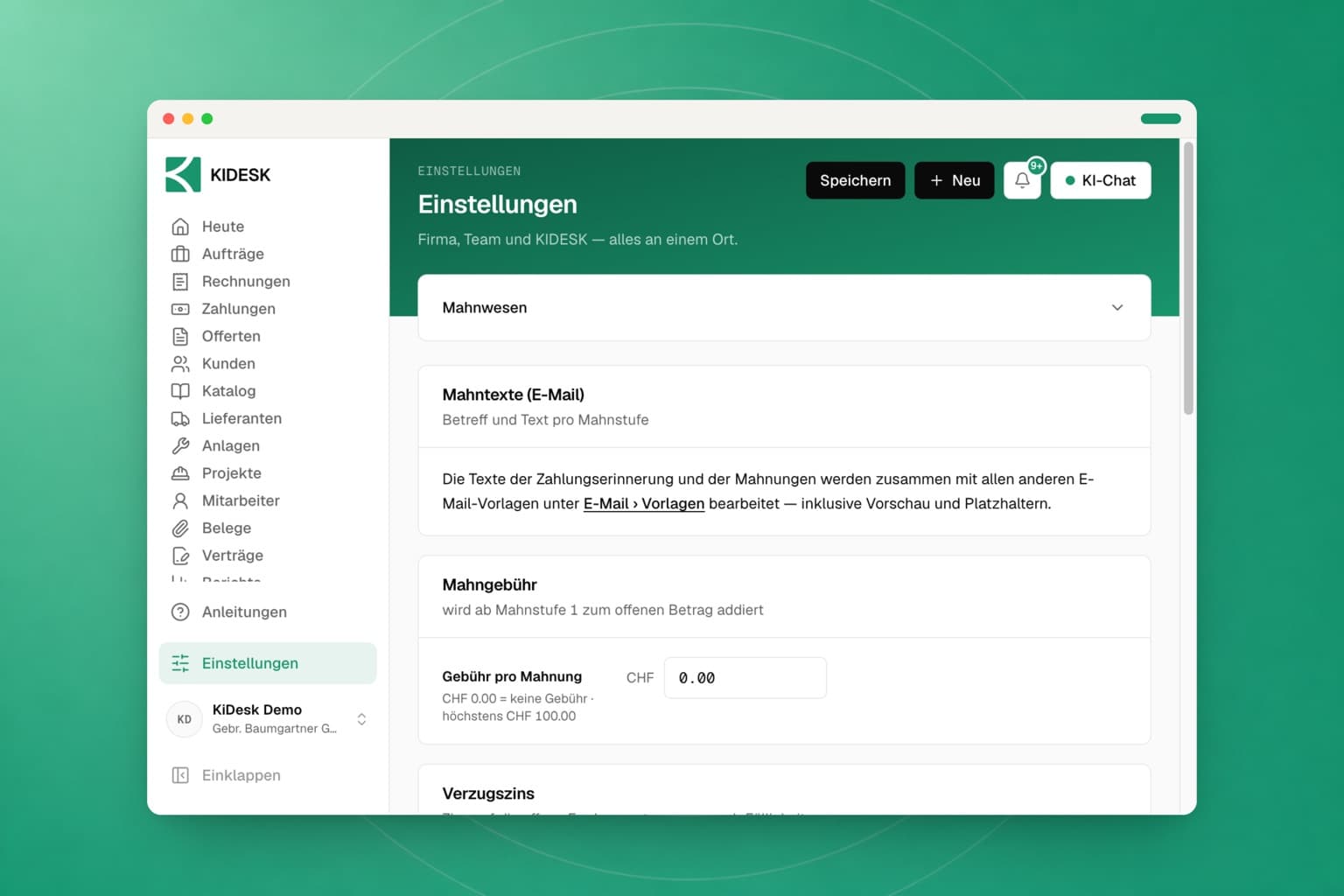 Die Mahnwesen-Einstellungen mit den drei Stufen, ihren Fristen in Tagen und der Mahngebühr je Stufe
