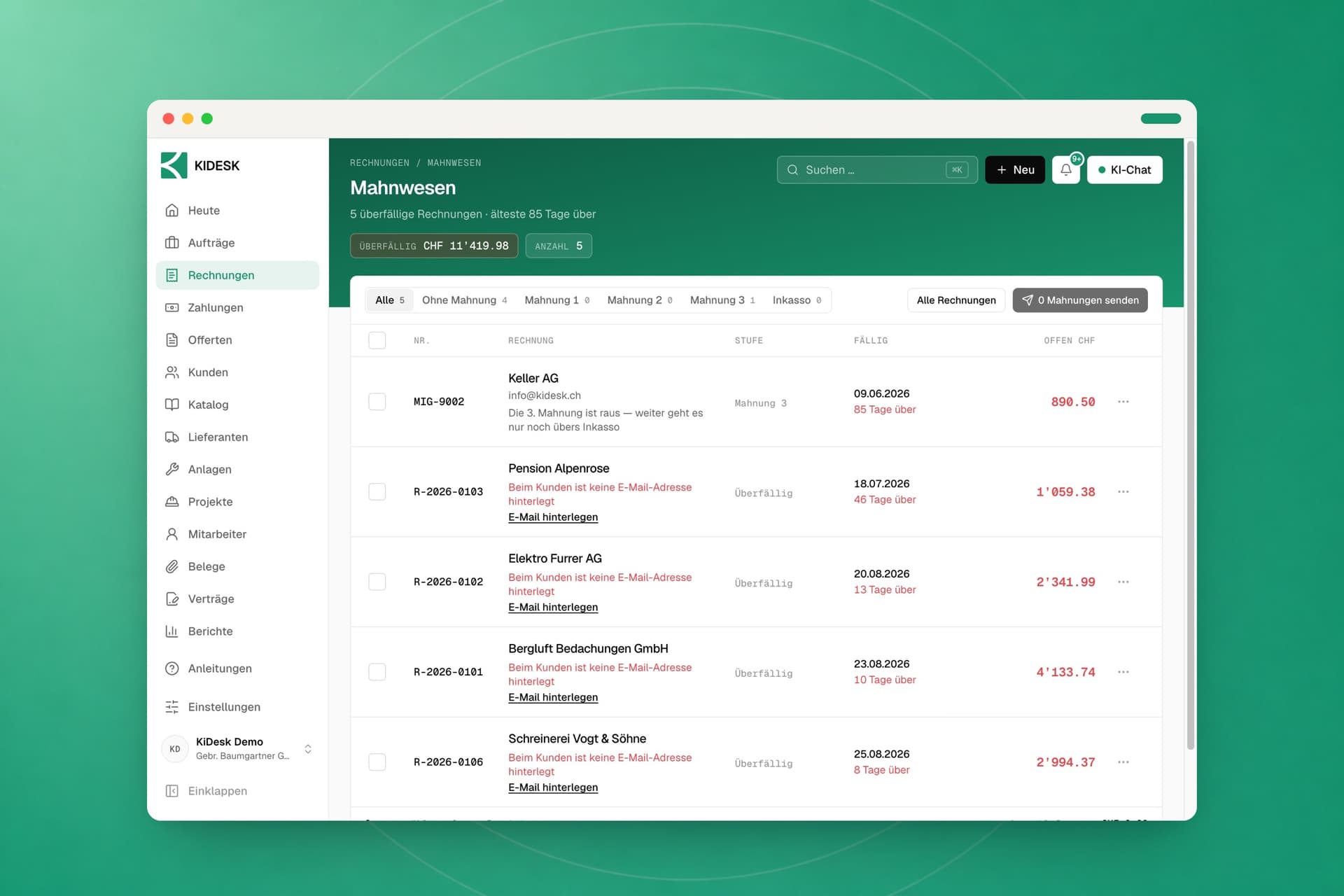 Die Mahnwesen-Liste in KIDESK mit den überfälligen Rechnungen, den Tagen seit Fälligkeit und der aktuellen Mahnstufe je Zeile