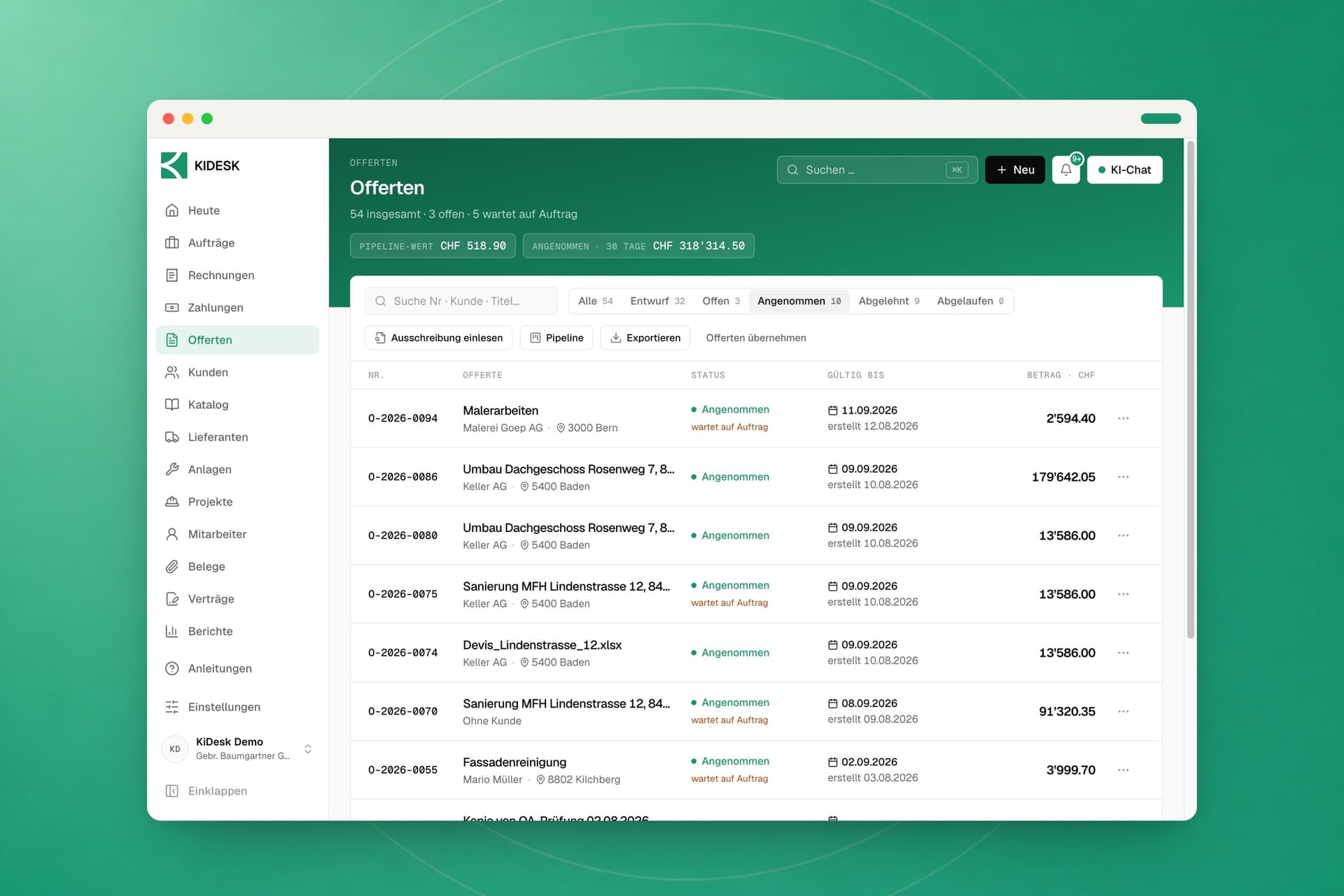 Die Offertenliste in KIDESK mit den Status offen, angesehen, angenommen und abgelehnt, dazu die Beträge je Offerte