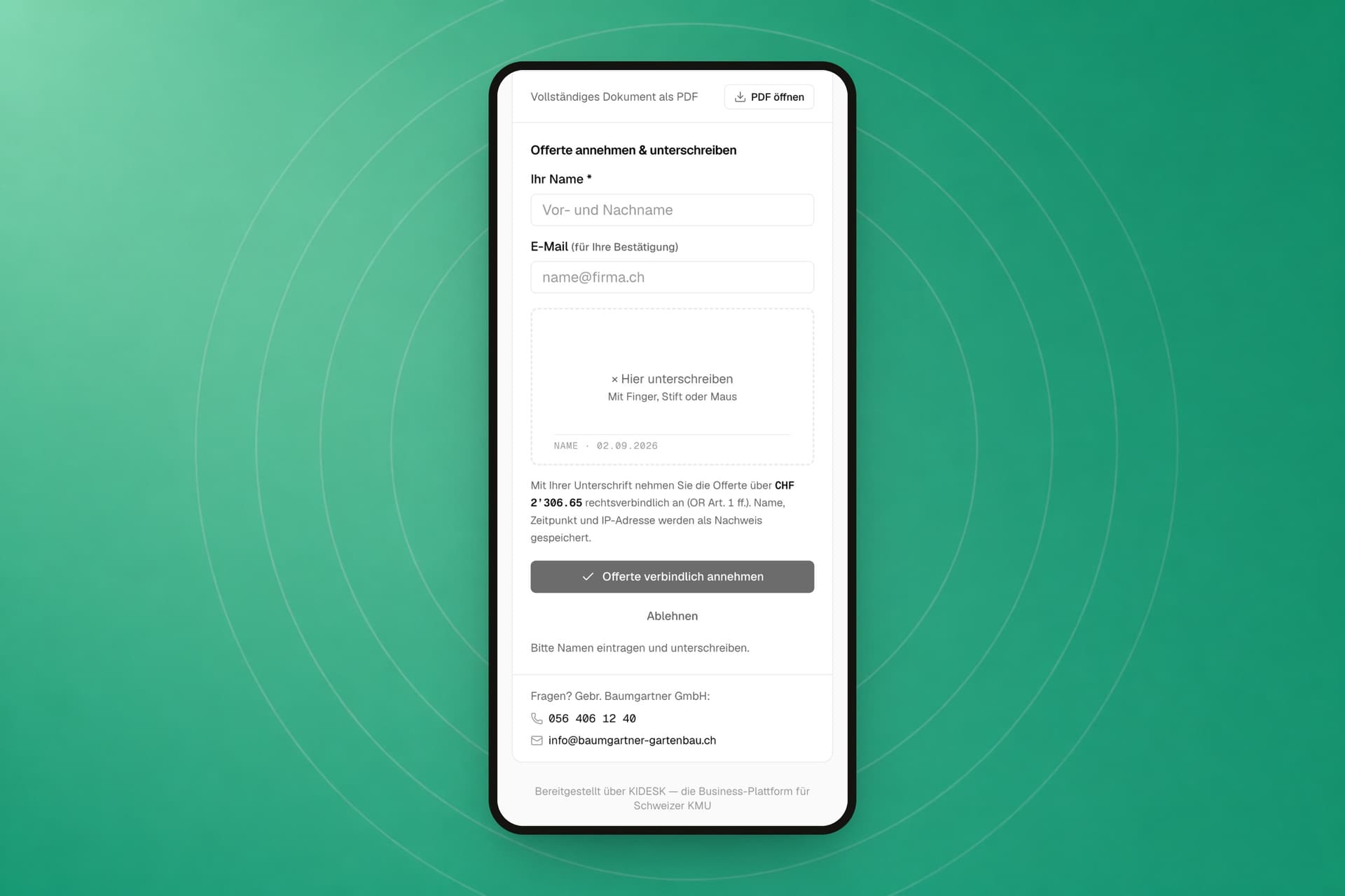 Die öffentliche Offertenseite auf dem Handy mit dem Unterschriftenfeld und dem Knopf «Offerte annehmen»