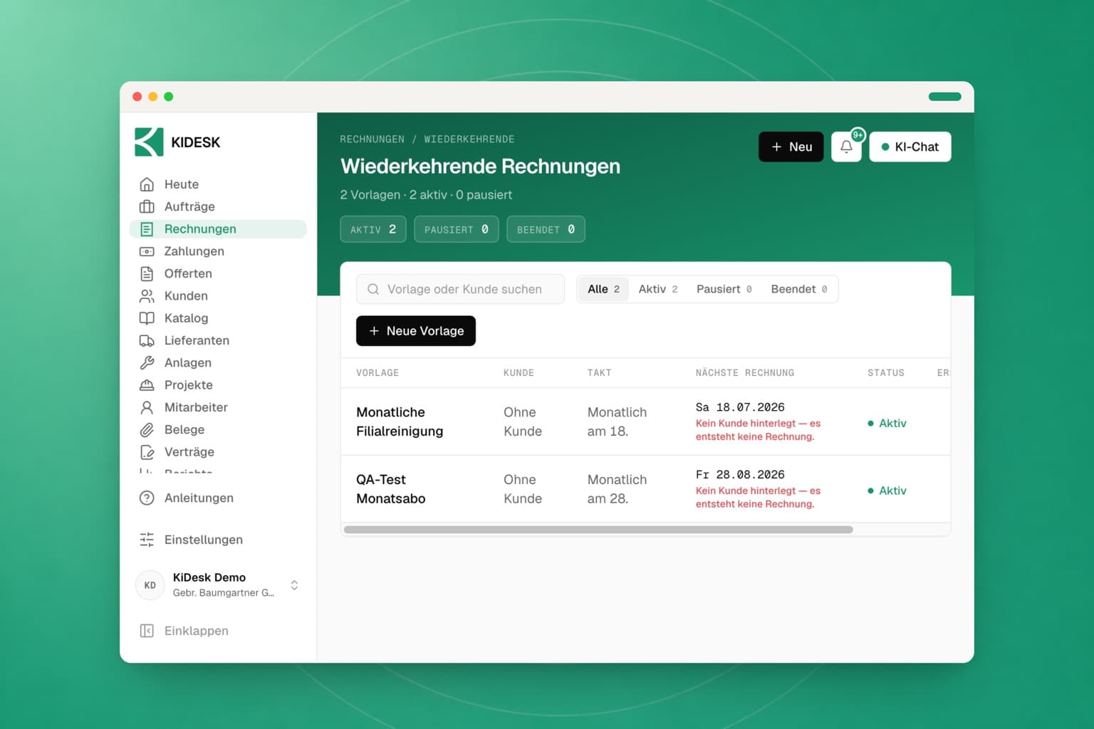 Eine wiederkehrende Rechnungsvorlage mit Intervall, nächstem Termin und der Vorschau der nächsten Rechnungen