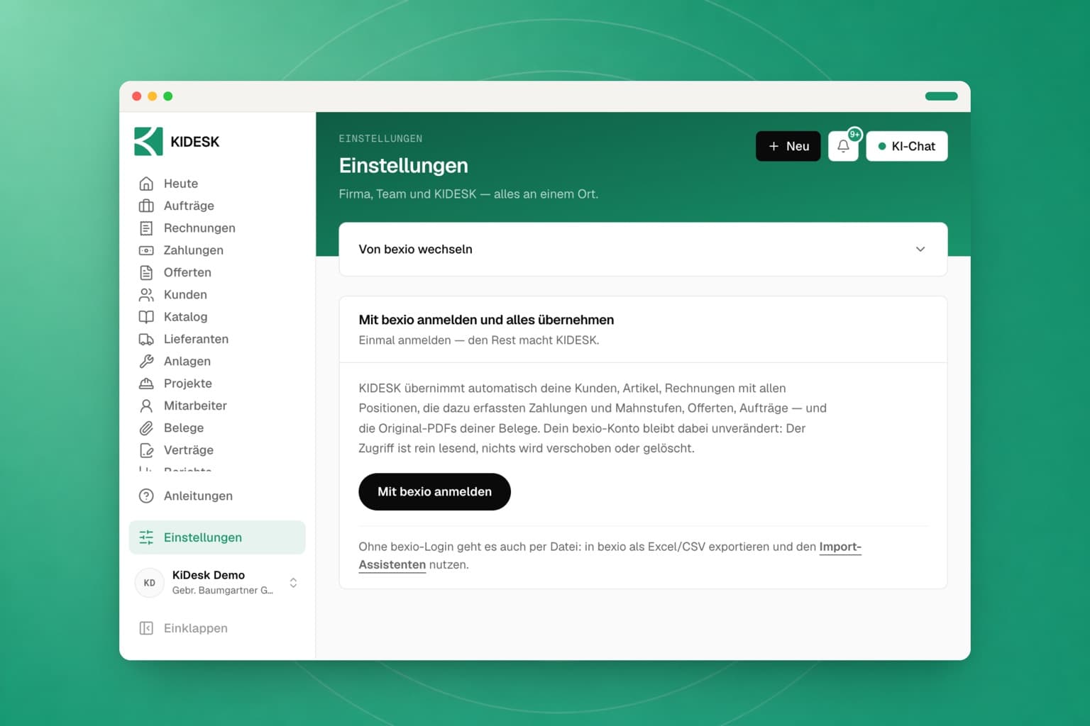 Der bexio-Umzug mit den Schritten Kunden, Artikel, Rechnungen, Offerten und Aufträge und deren Fortschritt