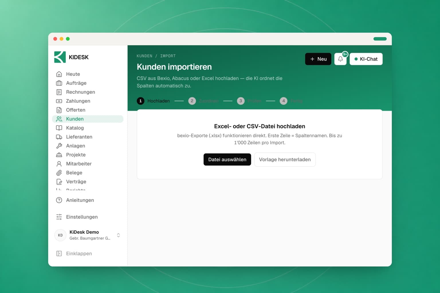 Der Import-Assistent in KIDESK mit hochgeladener Datei, zugeordneten Spalten und der Vorschau der ersten Zeilen