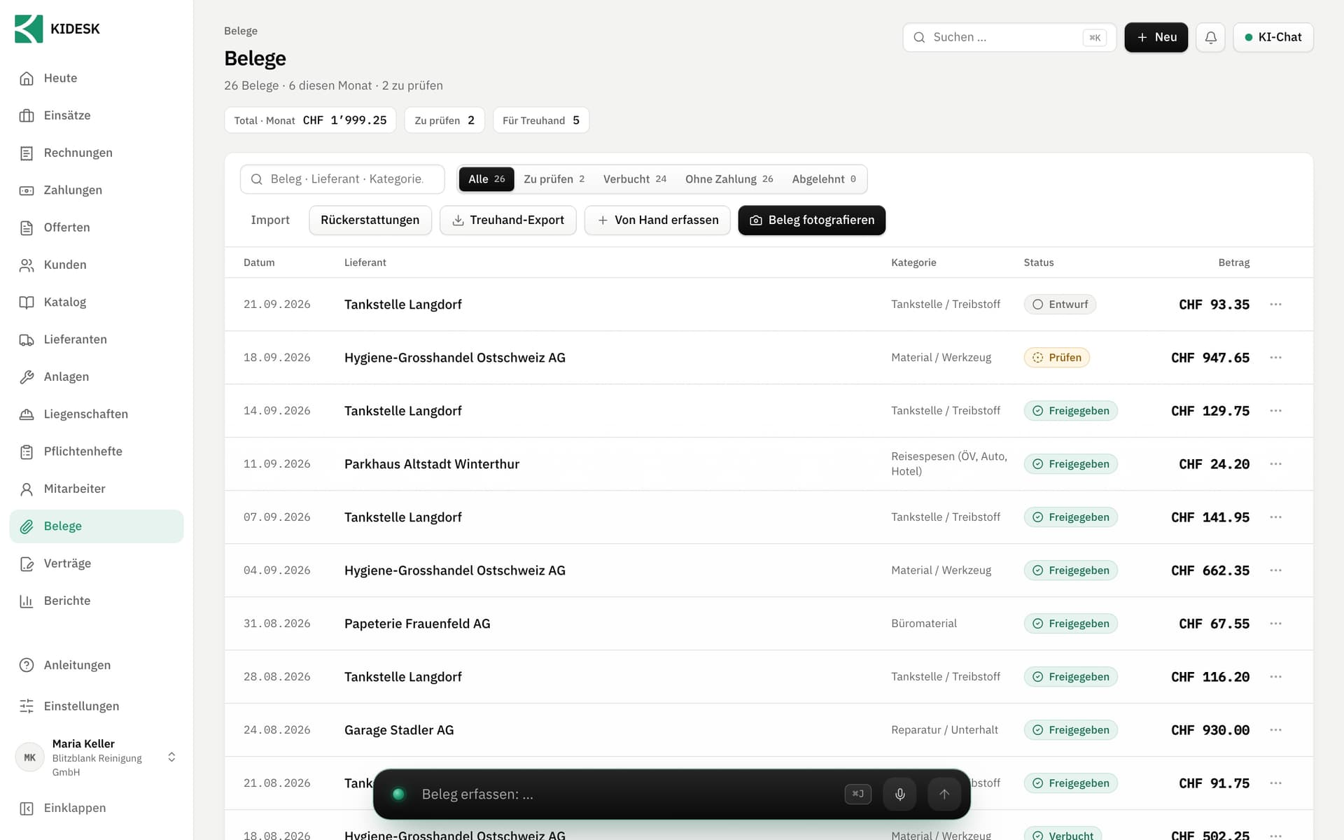 Erfasste Belege mit Kategorie und Status in KIDESK