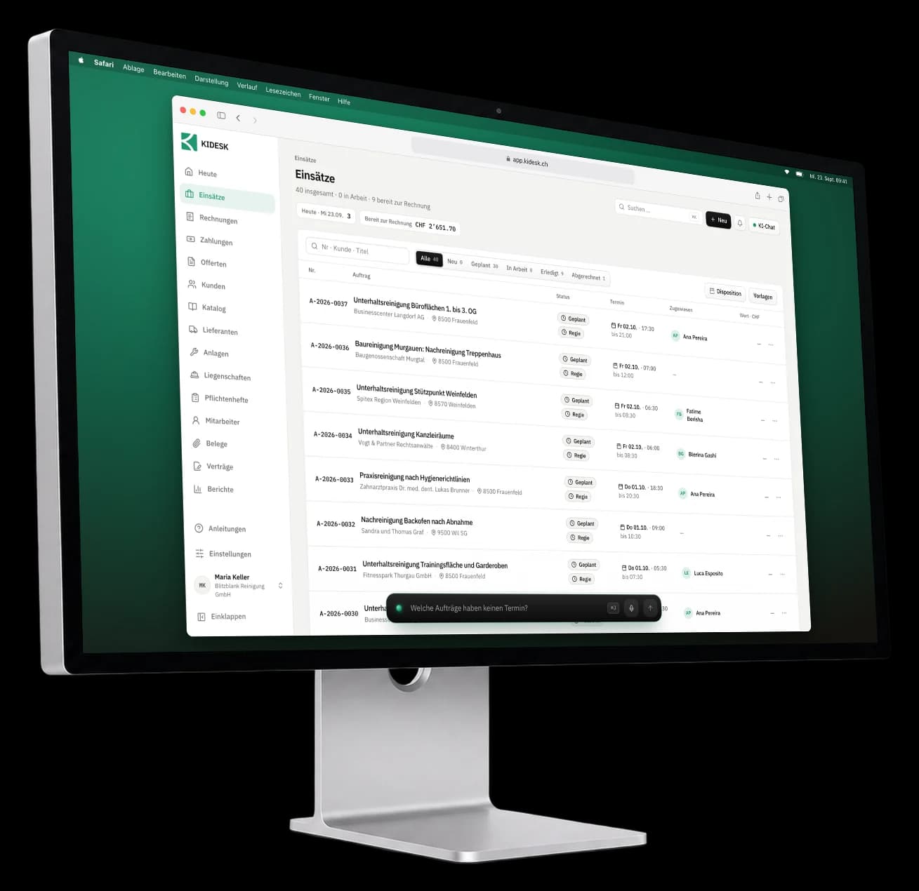 KIDESK im Browser auf einem grossen Bildschirm: die Liste der Einsätze