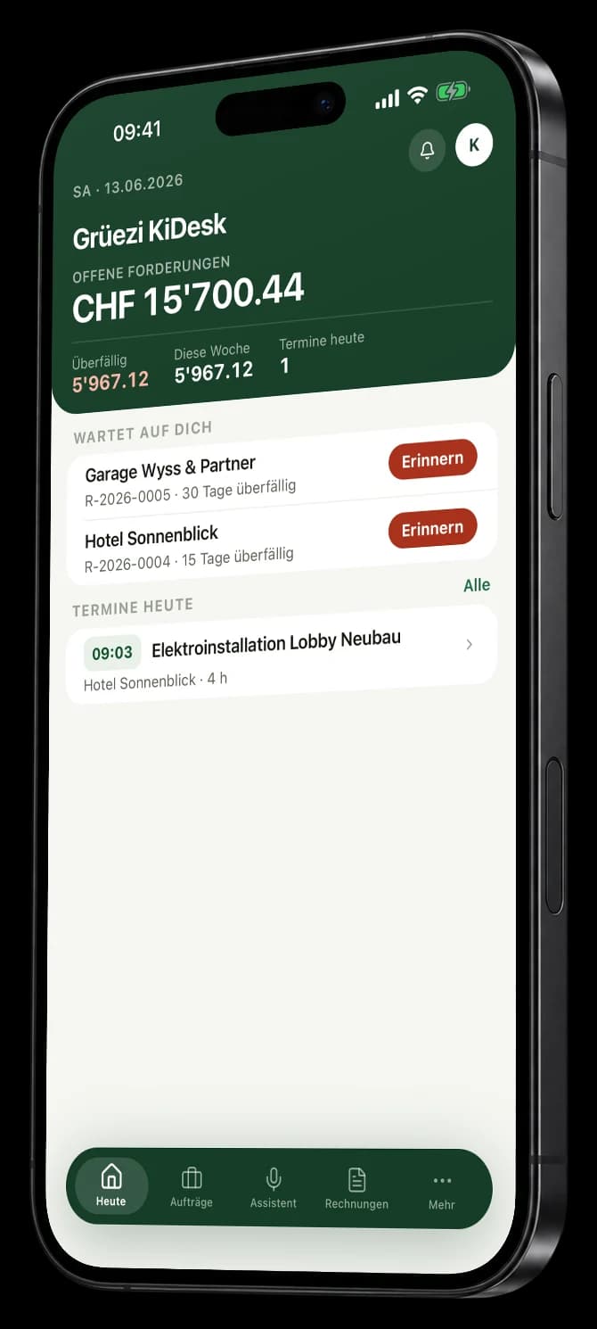 Die KIDESK-App auf dem iPhone: die Heute-Seite mit offenen Forderungen und Terminen