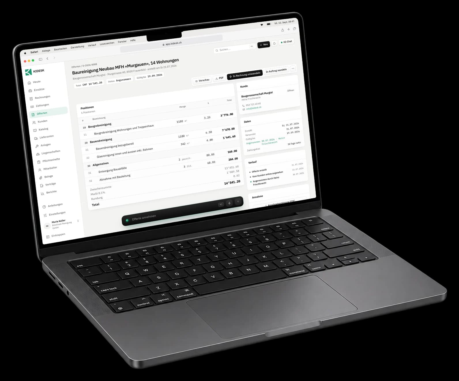 KIDESK im Browser auf einem MacBook: eine Offerte mit ihren Positionen