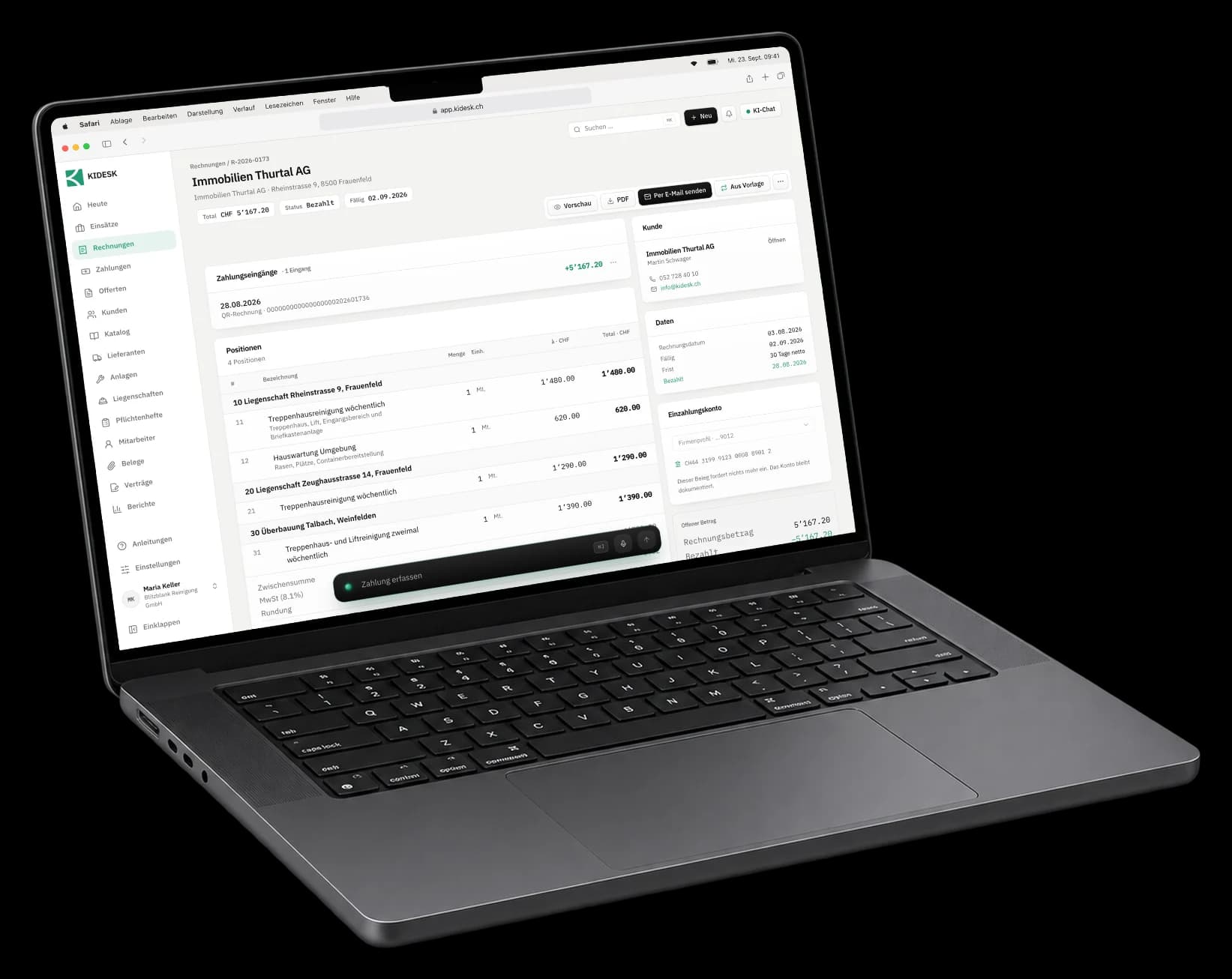 KIDESK im Browser auf einem MacBook: eine Rechnung mit Zahlungseingang